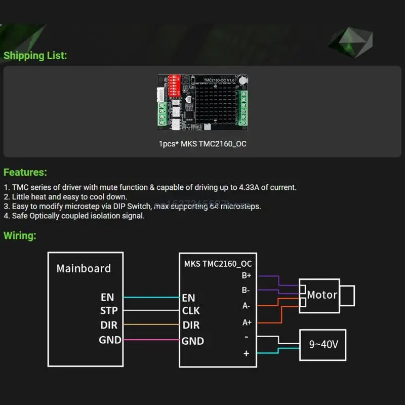 

4.33A Mute TMC2160-OC Motor Driver Support 64 Microsteps with Large Heatsink