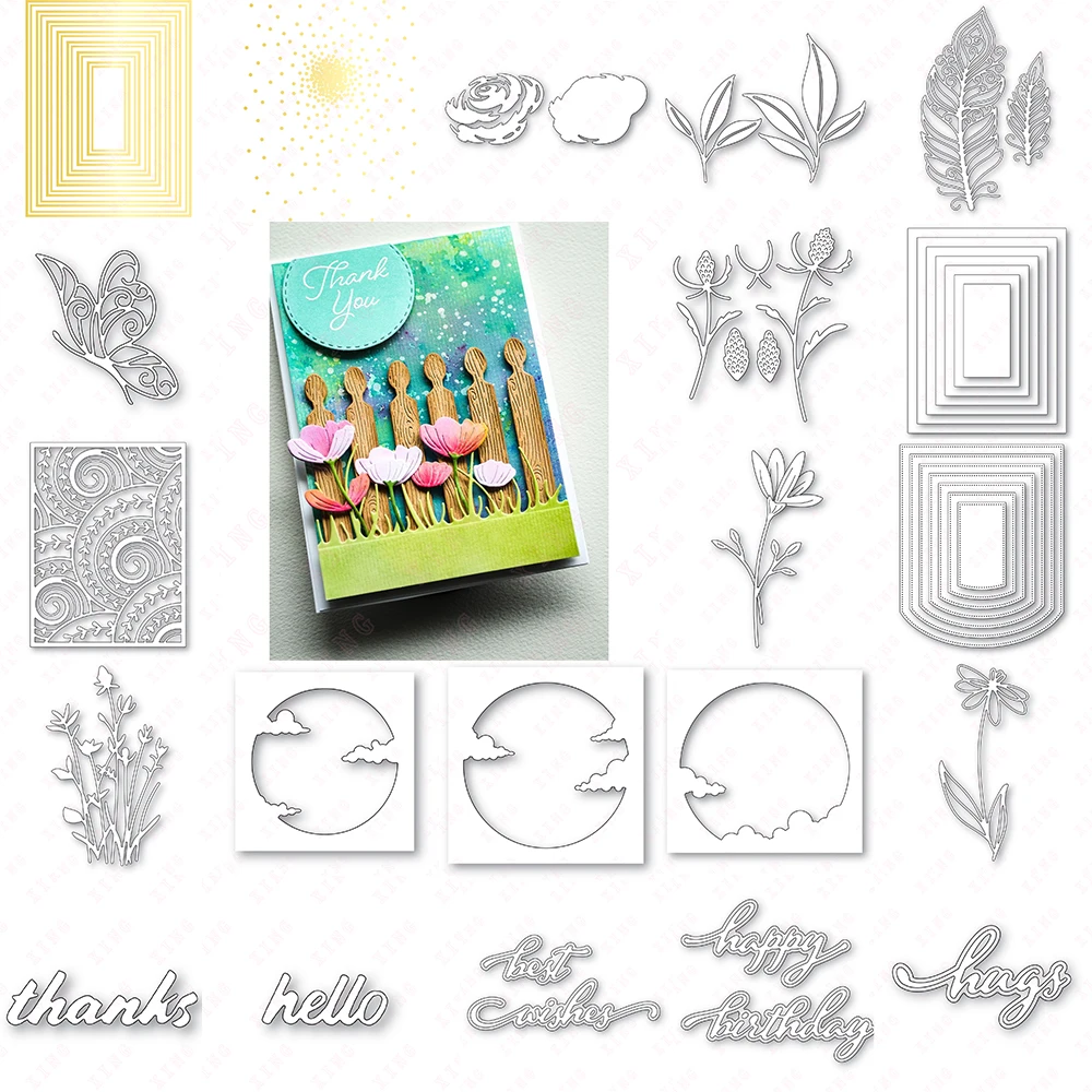 New Wayfarer Feather Butterfly Thistle Steli Daisy Sun Moon Birthday Wishes Floral Bud Steli Die Diy Rettangolo Coriandoli Hot Foil