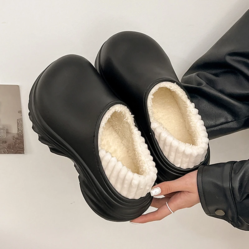 Waterproof Eva Chunky Platform Slippers Women Winter Non Slip Warm Cotton Slippers Woman Fashion Thick Sole Plush Slides Shoes