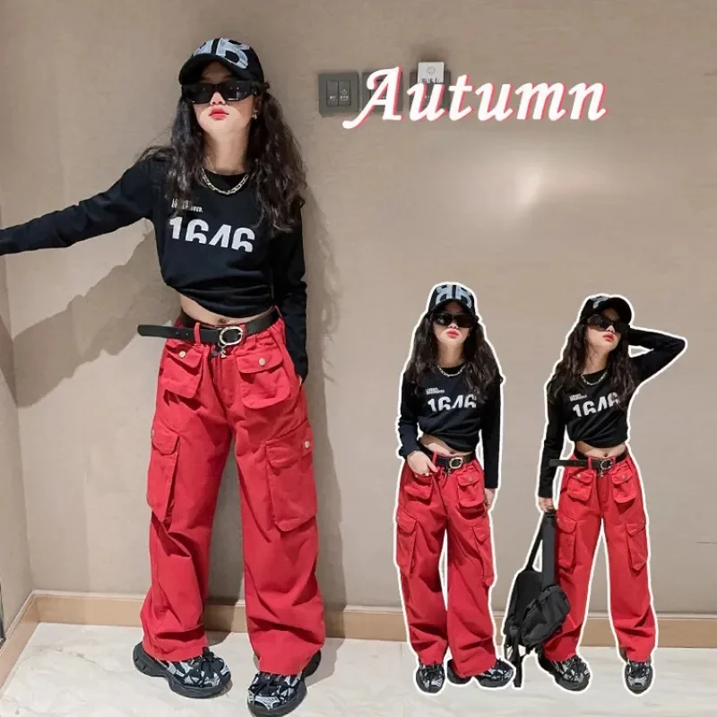 

Girls Sports Suit Autumn Children Long Sleeved T-shirt+Cargo Pants 2Pcs Outfits Teen Kids Sweater Set Student Loungewear Cloth