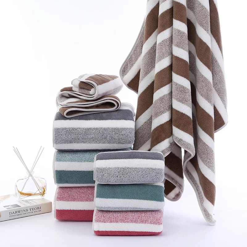 Striped Coral Fleece Quick-Drying Towel Set – Soft, Absorbent, and Stylish Bath Towels brown 02