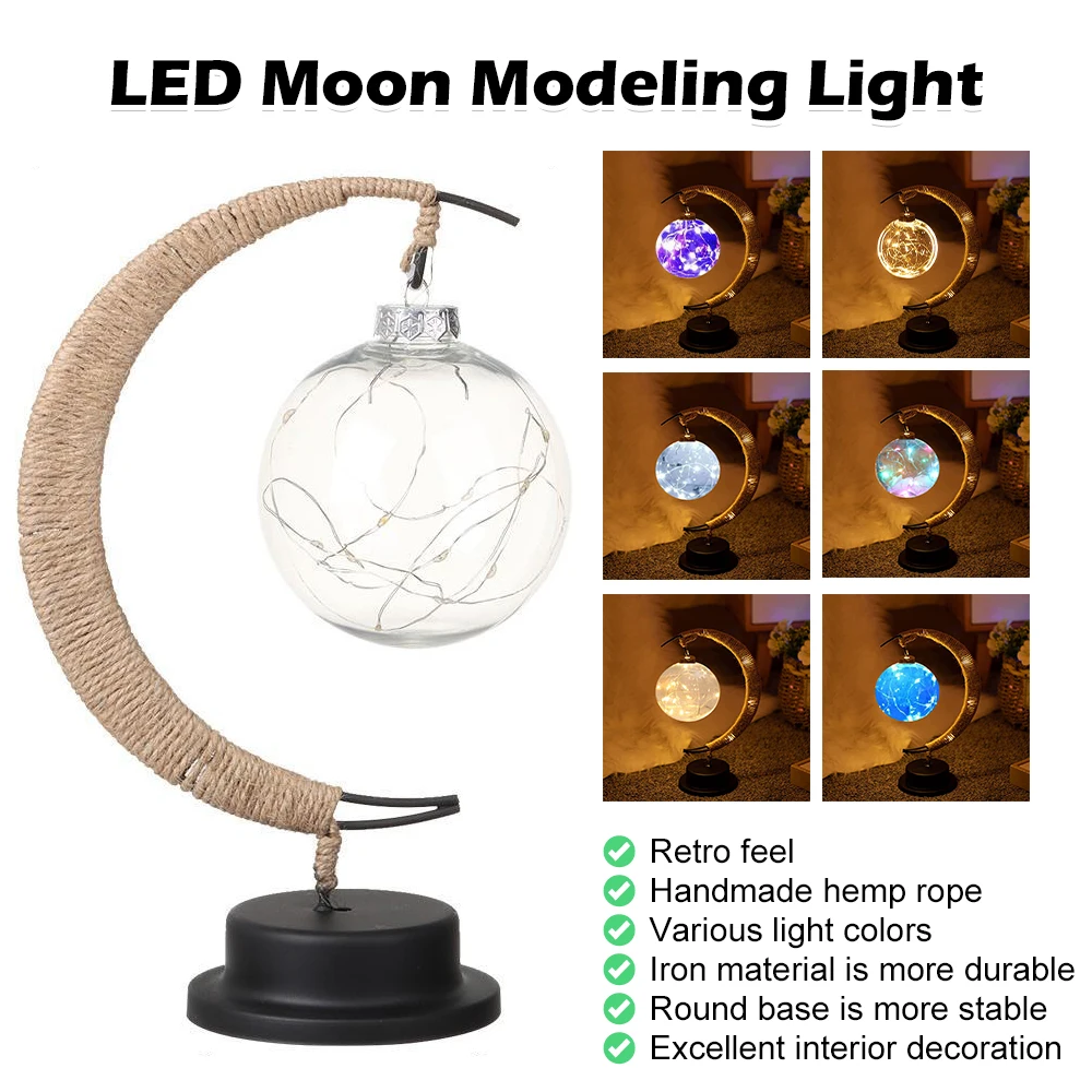 LED Lantern Night Light Room Christmas Decoration Enchanted Lunar Lamp Home Ornament Handmade Hemp Rope Iron Art Ball Light