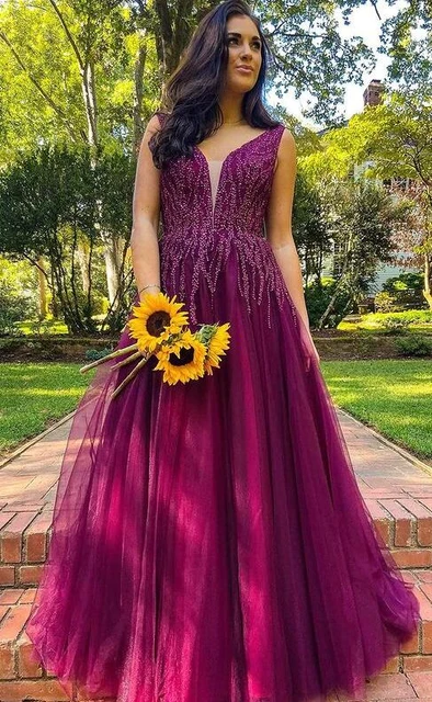 Purple Tulle Prom Gown with Beads A-line Long Homecoming Dance