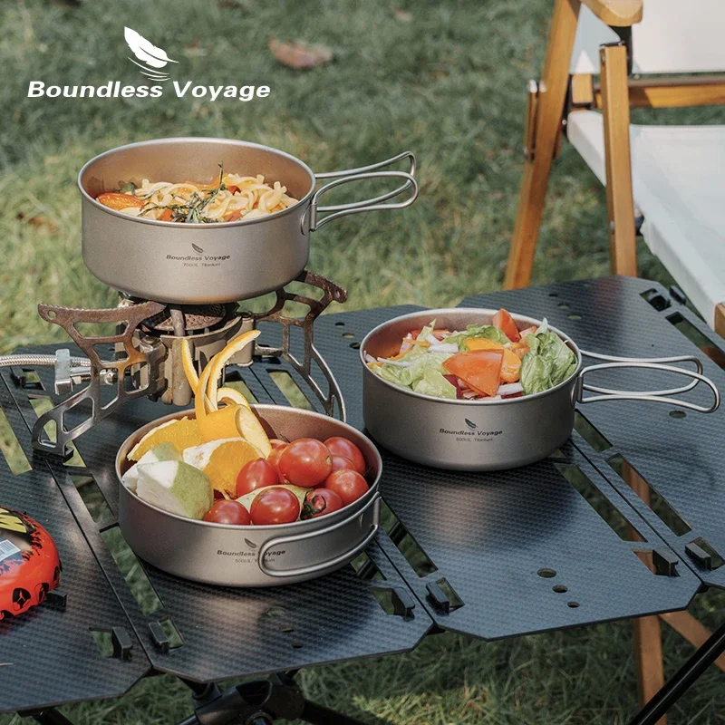 Boundless Voyage Titanium Pot Pan Cooking Set Folding Handles Outdoor Camping Picnic Tableware Bowl Plate Cookware Kit