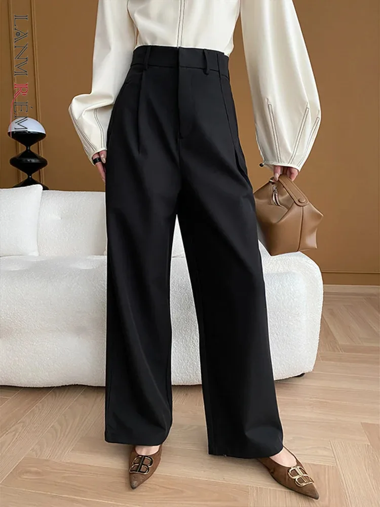 

Женские брюки с широкими штанинами LANMREM, черные прямые офисные элегантные плиссированные брюки с высокой талией, весна 2024, новинка 26D8111