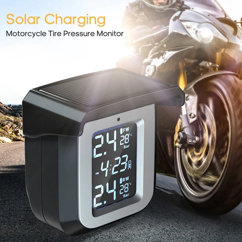 

External Sensors Solar Charge TPMS Waterproof Motorcycle Real Time Tire Pressure Monitoring System Wireless LCD Display