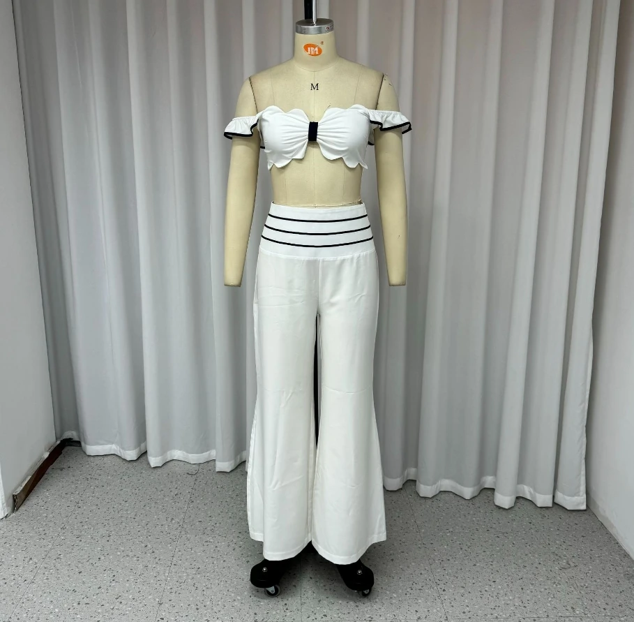 Summer New Casual One Shoulder Monochrome Sexy Wide Leg Pants Two-Piece Set for Elegant Girls, Quick Hair