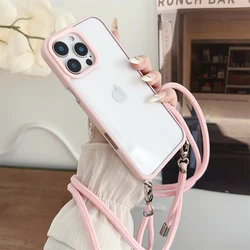 Lanyard Crossbody Nylon Transparent Phone Case with Invisible DIY Hook and Adjustable Strap - iPhone 14 (Pink)