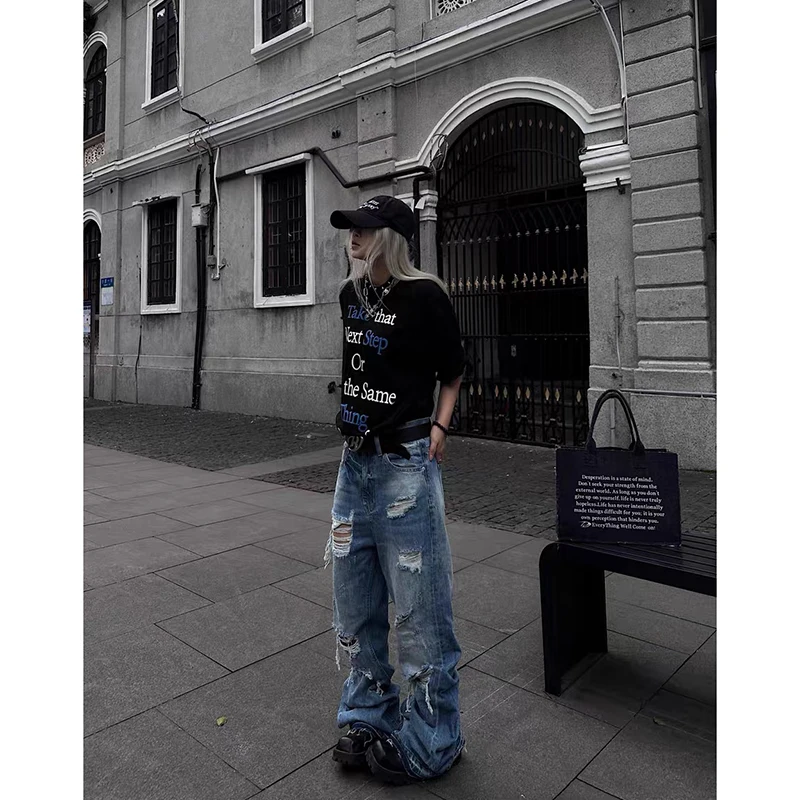 ZHIZOU American Retro Y2K 2000s Ripped Blue Jeans Women Loose Wide Legs 2026 Spring Style Design High Waist Straight Trousers 6
