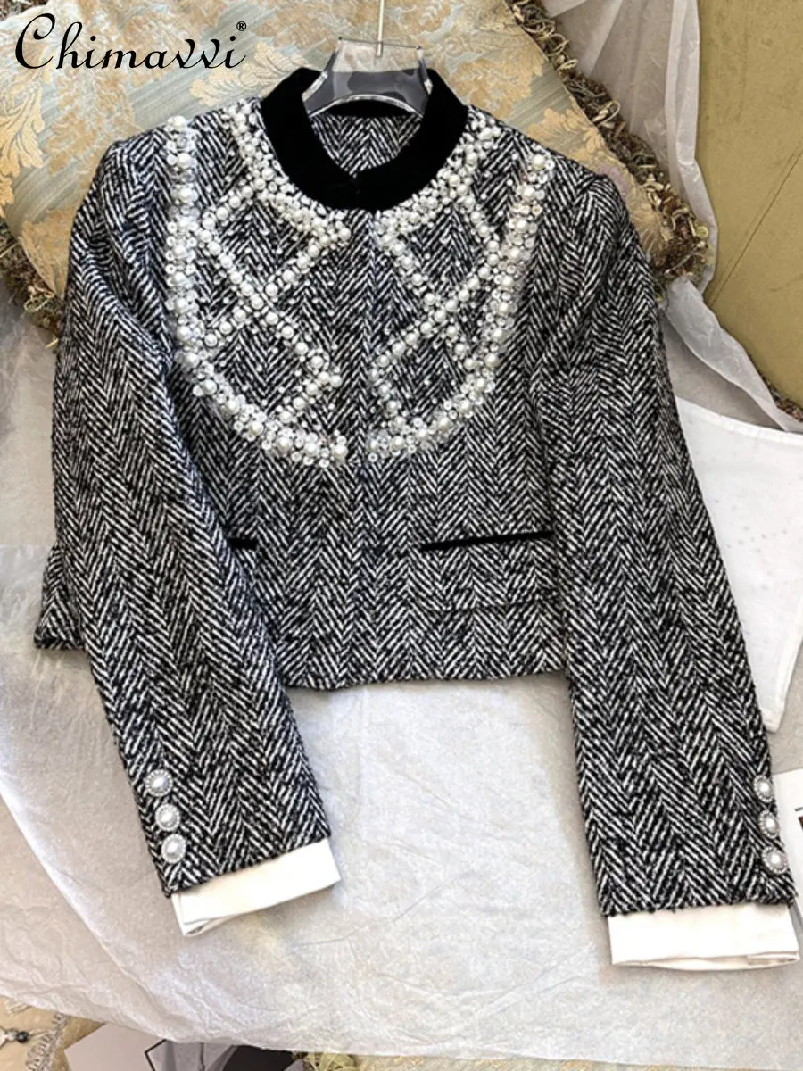 

Autumn Winter New Fashion Retro Diamonds Long-Sleeved Coat Heavy Industry Tweed Stand Collar Short Fur Woolen Jacket Women