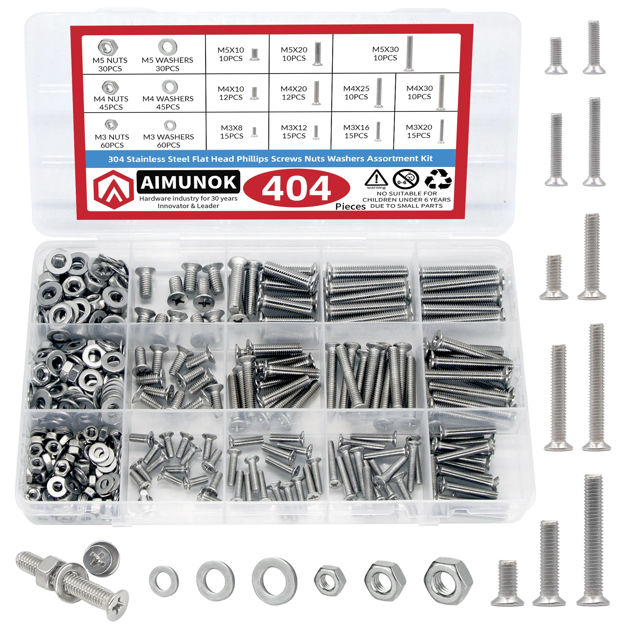404pcs countersunk Head Screws with Nose Screw Set M3 M4 M5 Screw and nut washers 304 Stainless Steel Cross countersunk Head Scr