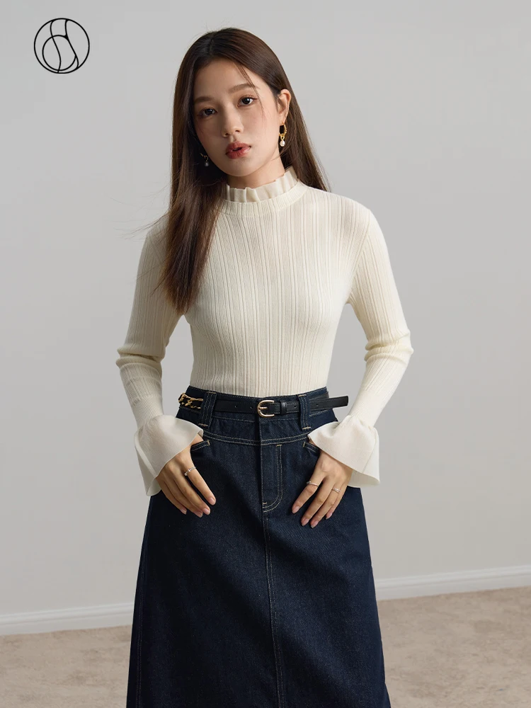 

DUSHU Sweet Elegant Sense Ballet Style Knitted Bottoming Shirt for Women 2023 Winter Chic Arrival Fungus Edge Wool Knitted Top