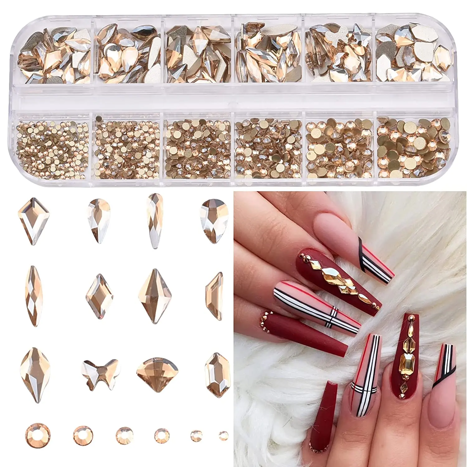 12Girds Mixed Size AB Nail Rhinestones Super Shiny Diamonds 3D