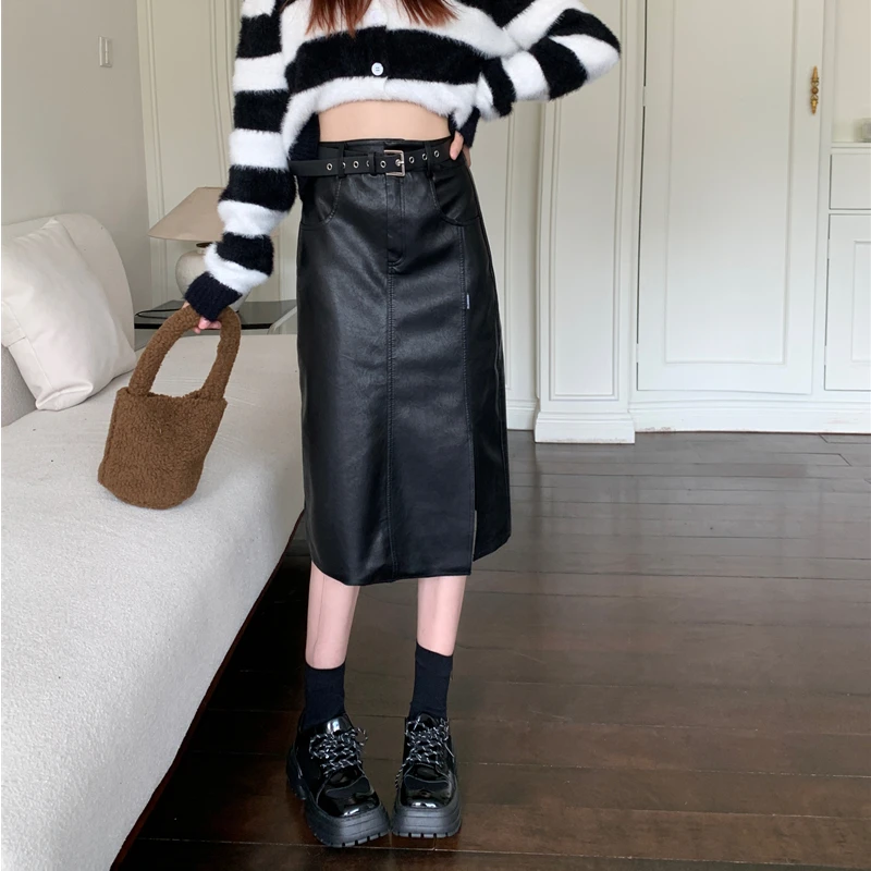 Korean Fashion Black PU Leather Skirt Women Vintage Slim Split H-shaped Long Skirts with Belt Autumn Winter New 2022