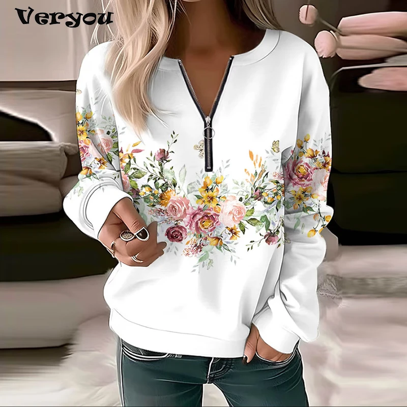 

2023 элегантный винтажный пуловер на молнии, Женский свитшот, осенне-зимняя Свободная Повседневная рубашка с принтом и V-образным вырезом, блузки, топы с абстрактным рисунком Y2k