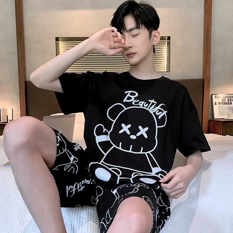 2 Sets of Men's Pajamas Set of Knitted Cotton Students Homewear Short-Sleeved Shorts Cartoon Top Shorts Sleepwear Loungewear