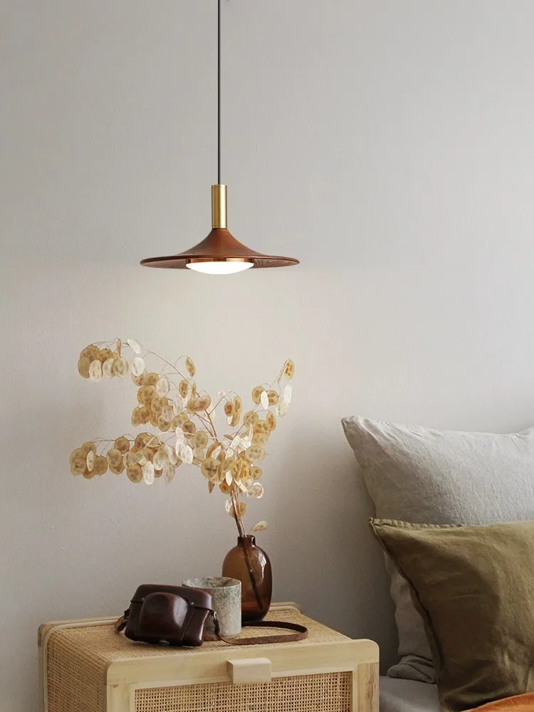 Led Pendant Lamp Walnut Wood Bedroom Bedside Chandelier Creative UFO Light Japanese Restaurant Lighting 110V 220V Eye Protection