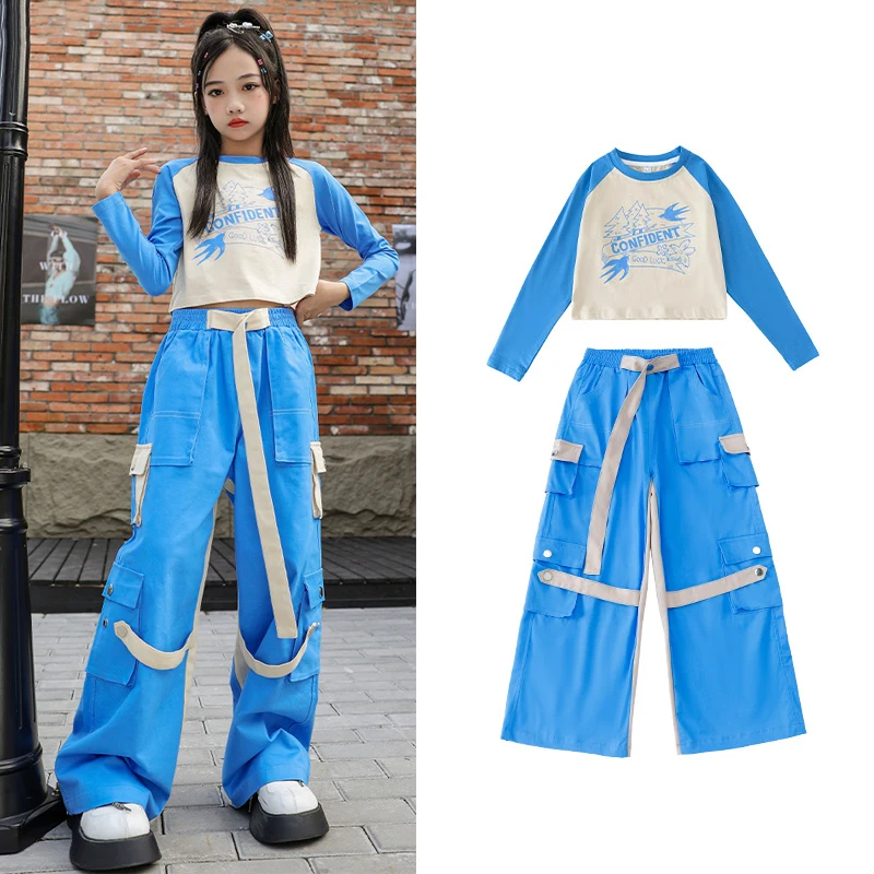 

2023 Children Modern Dance Jazz Performance Stage Costumes For Girls Blue Hiphop Suit Kids Hip Hop Dancing Rave Clothes DQS14314