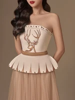 تنورة نسائية ذات ثنيات ، قمة مع تطريز ، زخرفة برشام ، انكماش الخصر ، مد جديد ، أنيق ، ربيع ، ، ، طقم 2 ، 13DB3380 1