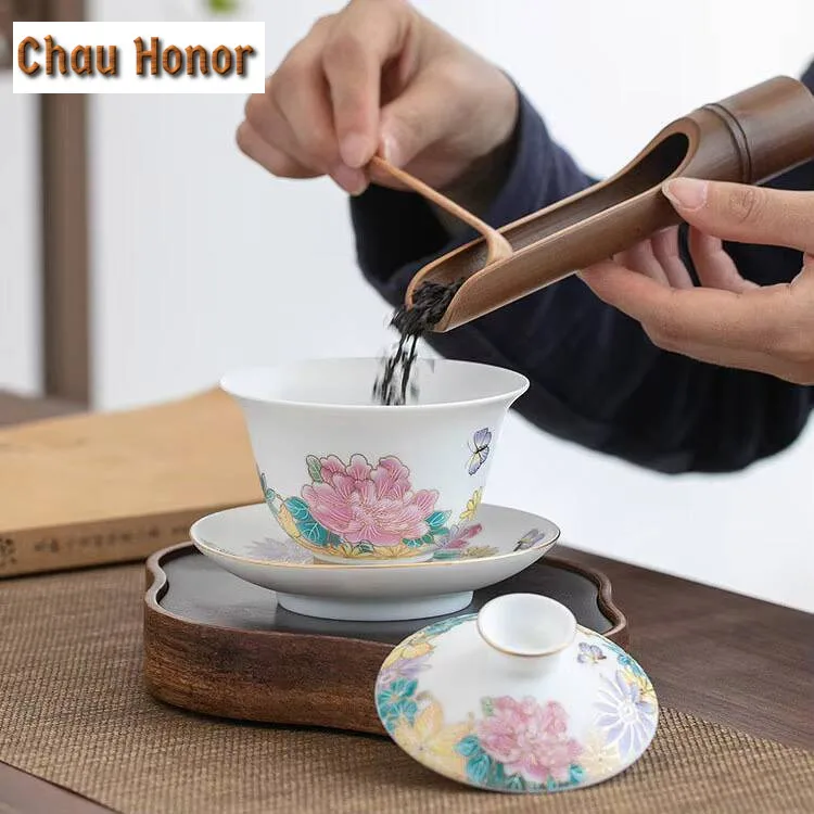 140ml Hand Painted Lotus Art Tea Tureen Mutton Fat Jade Porcelain Covered Bowl Blue And White Tea Making Gaiwan Kung Fu Teaset