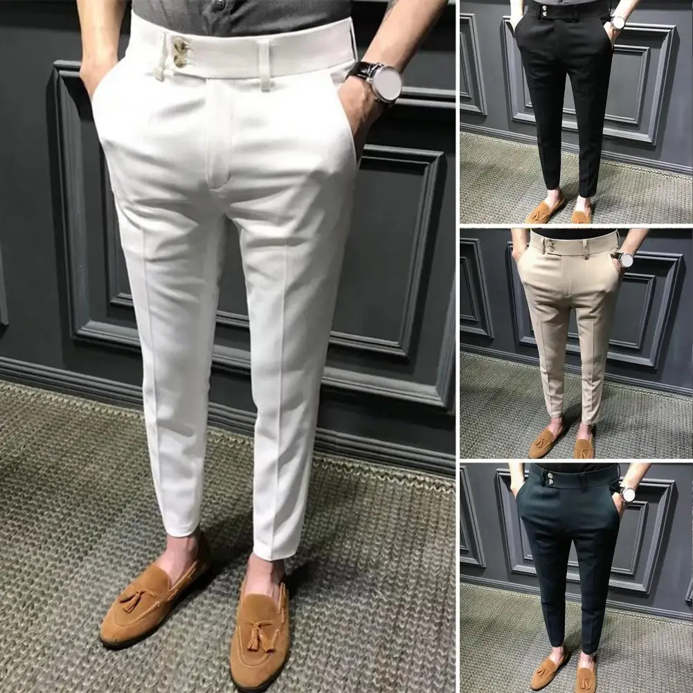 Trendy Ninth Suit Pants Office Slim Fit Wear-resistant Zip Up Ninth Suit Pants  Ankle Length Ninth Trousers Male Garment 2