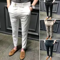 Trendy Ninth Suit Pants Office Slim Fit Wear-resistant Zip Up Ninth Suit Pants  Ankle Length Ninth Trousers Male Garment 2