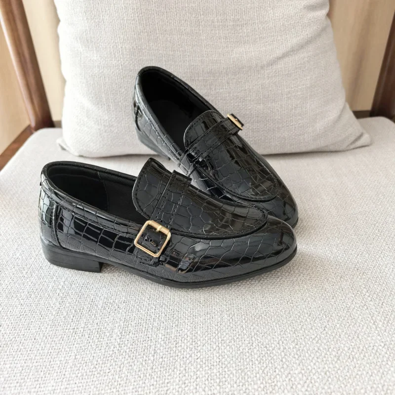 Black Leather Kids Shoes for Party Wedding