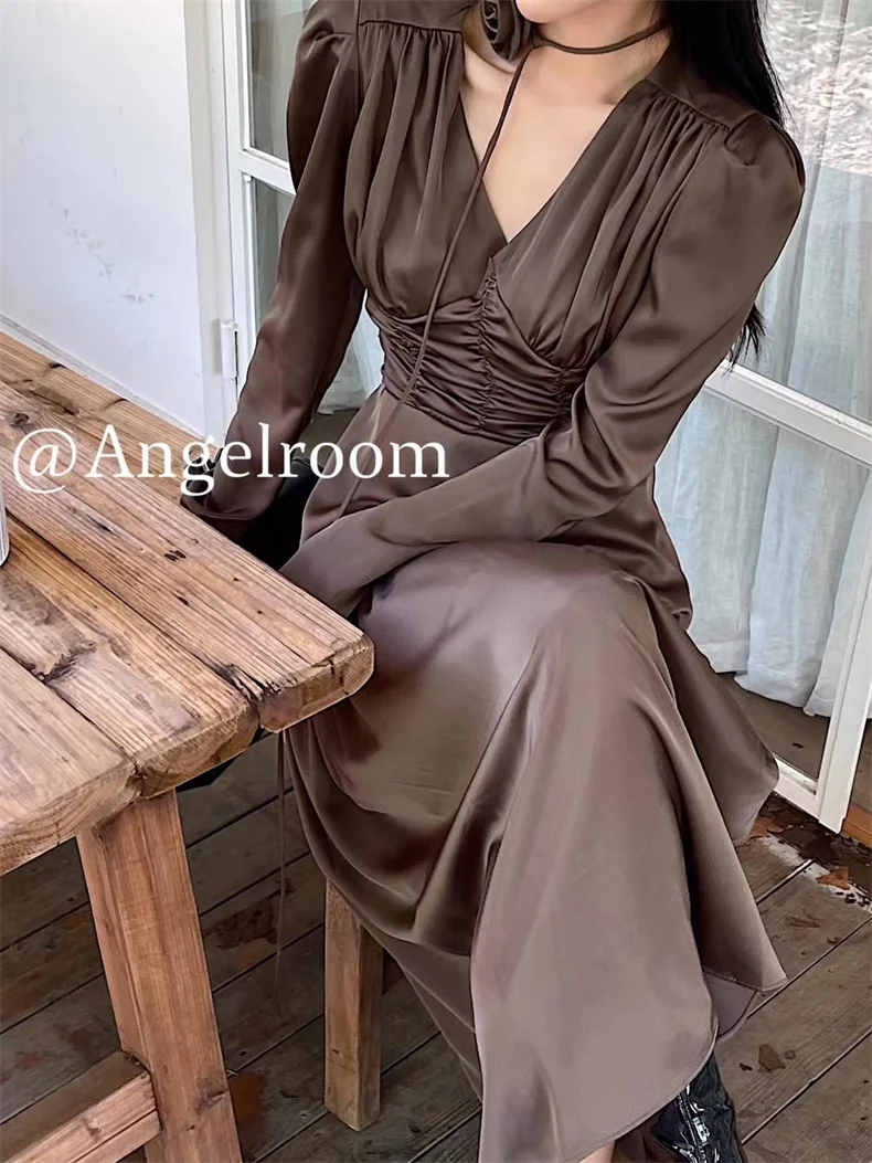 Autumn Satin Midi Dresses for Women Long Sleeve V-neck Folds Design A-line Korean Fashion Office Lady One Piece Vestidos New