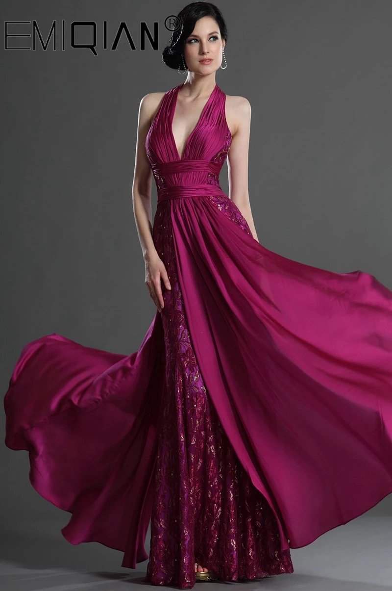 

New Sexy Backless Formal Party Dress Halter Deep V-neckline Lace Evening Dress