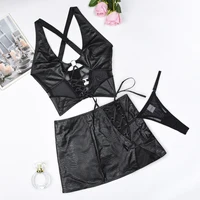 Ellolace Sexy Short Mini Skirts Sets for Women 2 Pieces Leather Outfit Lace Up Cross Bra Coquette Youthful New in Matching Sets - Image 5