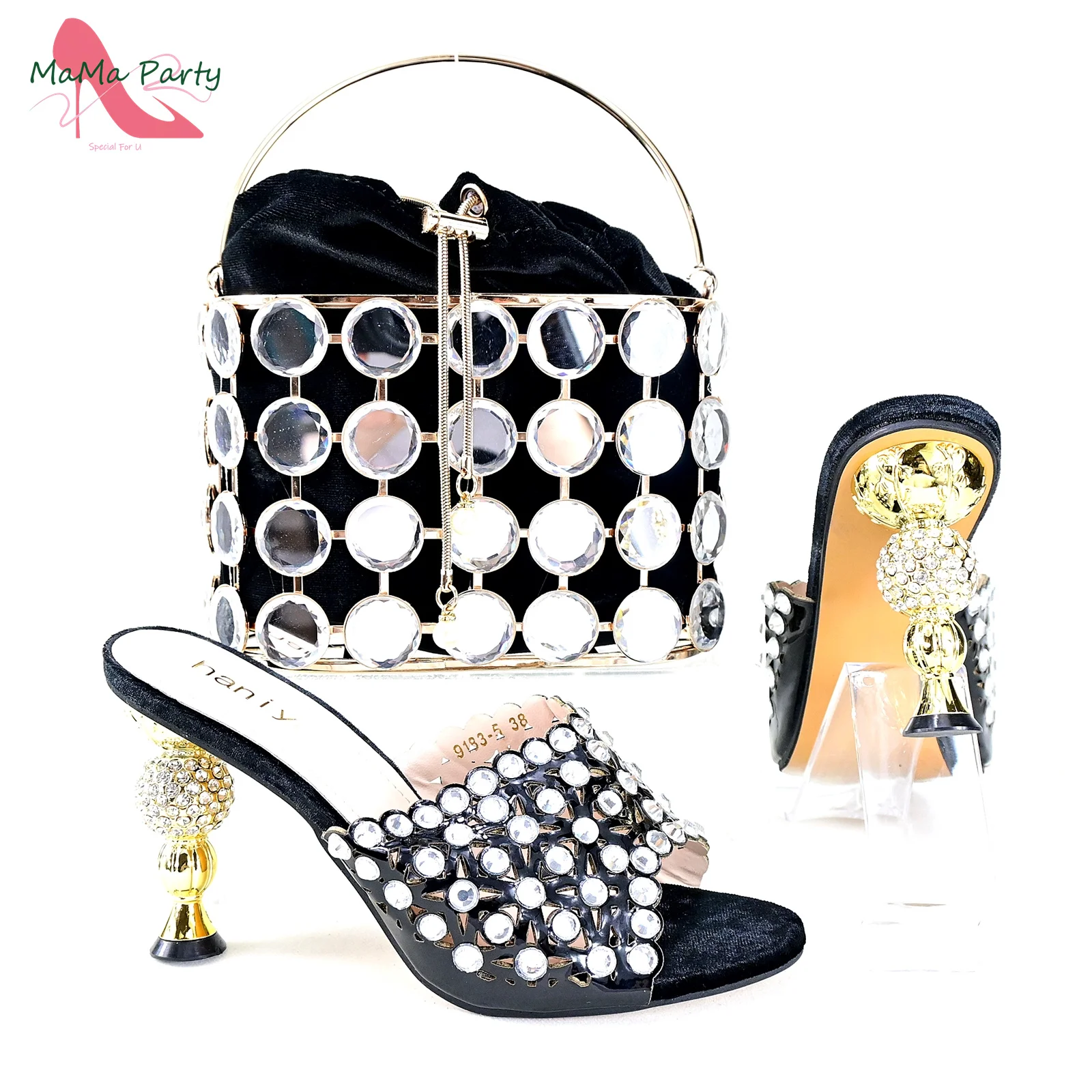 

Black Color Specials Heels with Crystal High Quality New Arrivals Spring Italian Women Shoes and Bag Set for Wedding