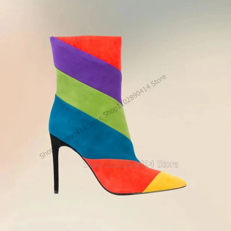 

Mixed Color Stripe Design Pointed Toe Boots Side Zipper Women Shoes Thin High Heels Novel Fashion Party 2024 Zapatos Para Mujere