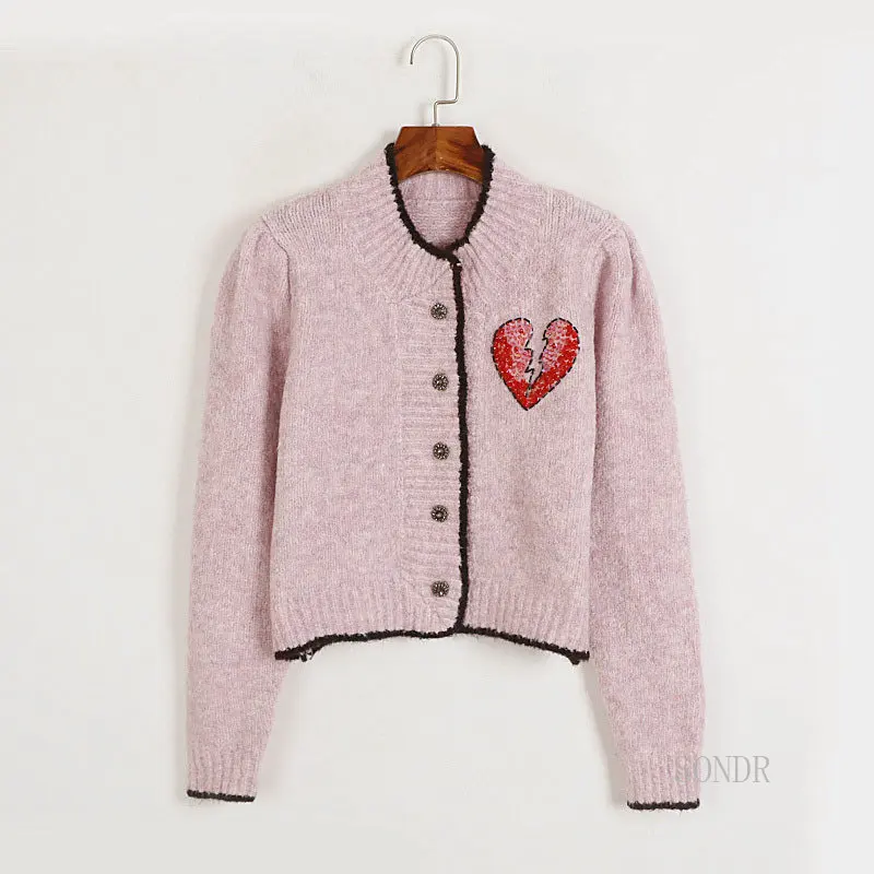 

Fashion Pink Sweater Jacket Women's Spring Autumn Winter New Knitted Cardigan Broken Love Sequins Round Neck Long Sleeve Tops