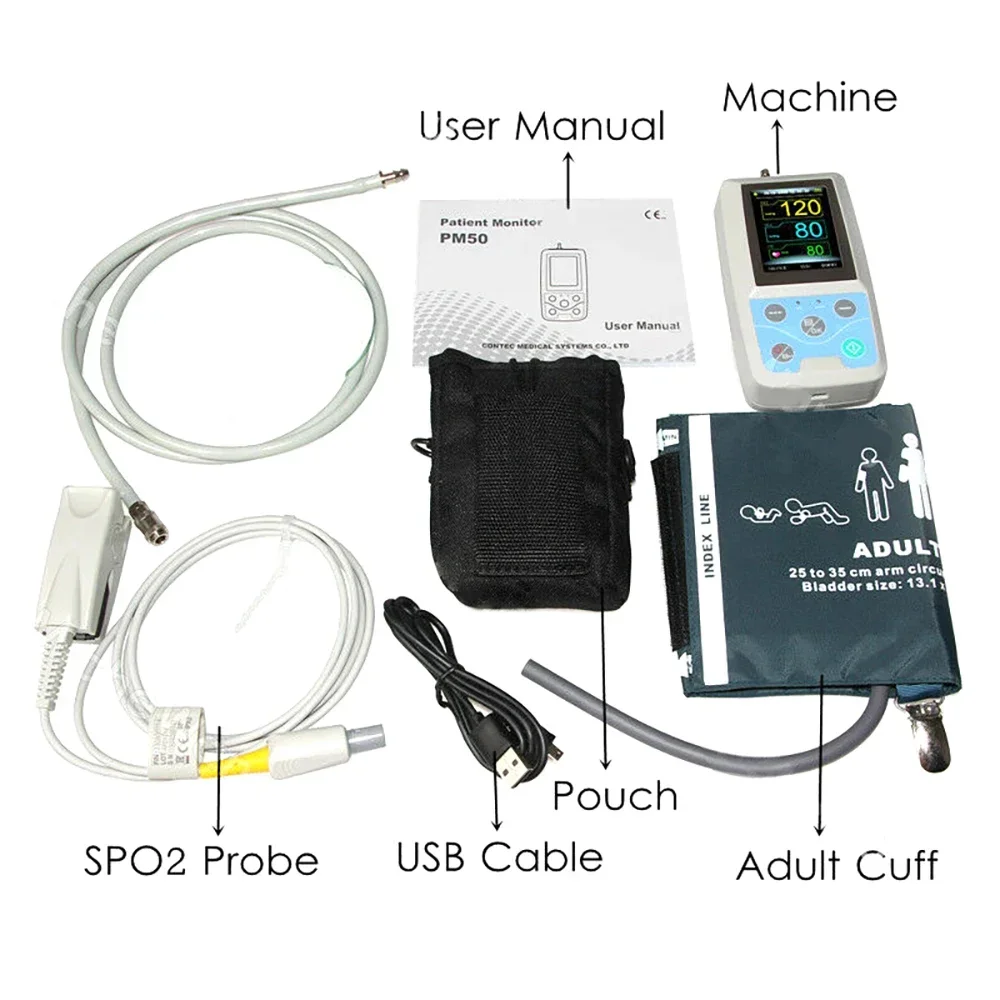 PM50 2.4" LCD Blood Pressure Patient Monitor NIBP SPO2 Pulse Rate Test Meter Portable Vital Sign Machine+Adult Cuff+SPO2 Probe