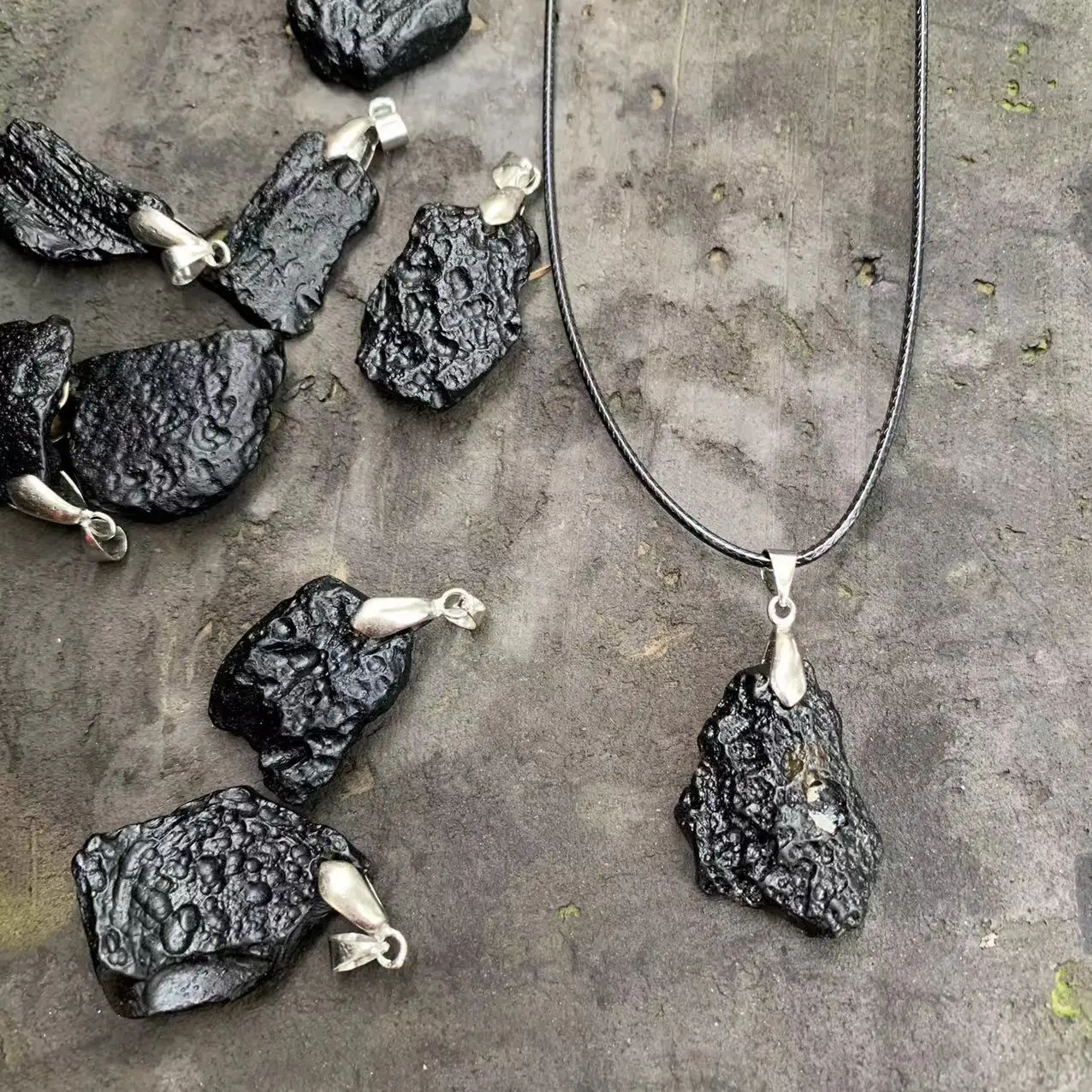 Natural Black Meteorite Irregualr Rough Necklace Men Women Punk Style Tektite Cosmic Power Energy Lucky Health Rope Jewelry