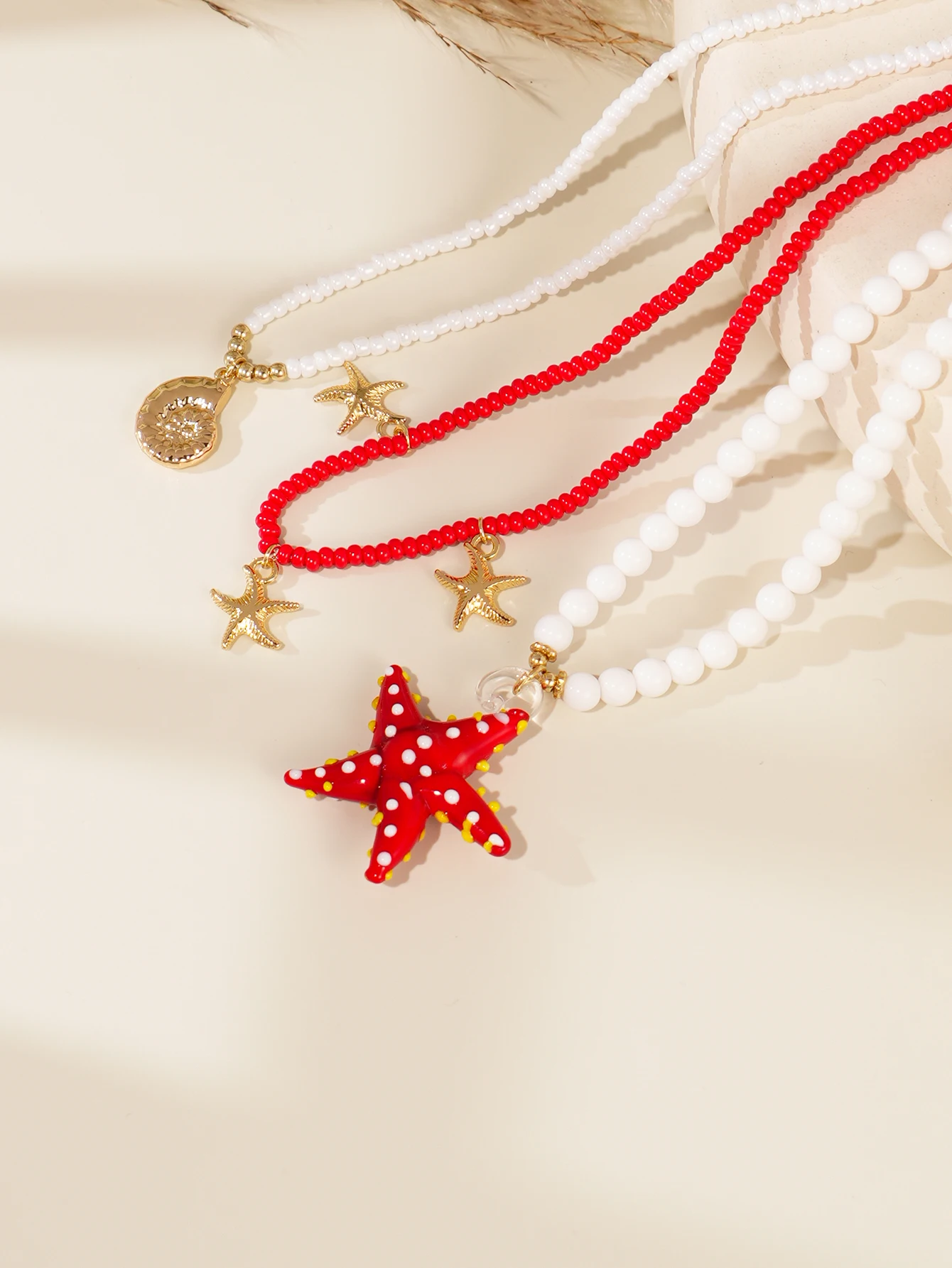 3pcs Bohemian Bead Stacked Necklace Glass Starfish Charm Pendant