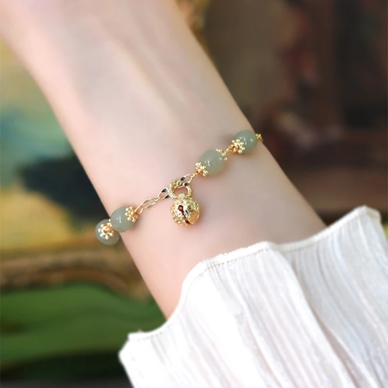 

Mosan Natural Hetian Jade Bell Bracelet 14K Plated Gold for Girls Gifts Wrist Ladies Wear Jewelry