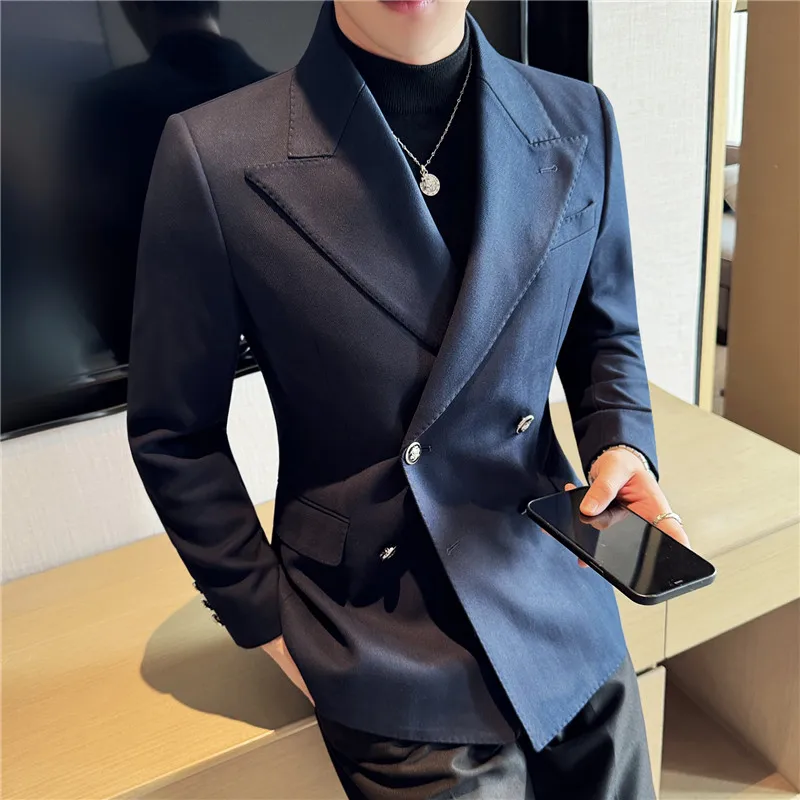 Double Breasted Blazer Jackets Men High Quality Plain Color Mens Casual Blazers Slim Fit Business Formal Wear Luxury Suit Coats