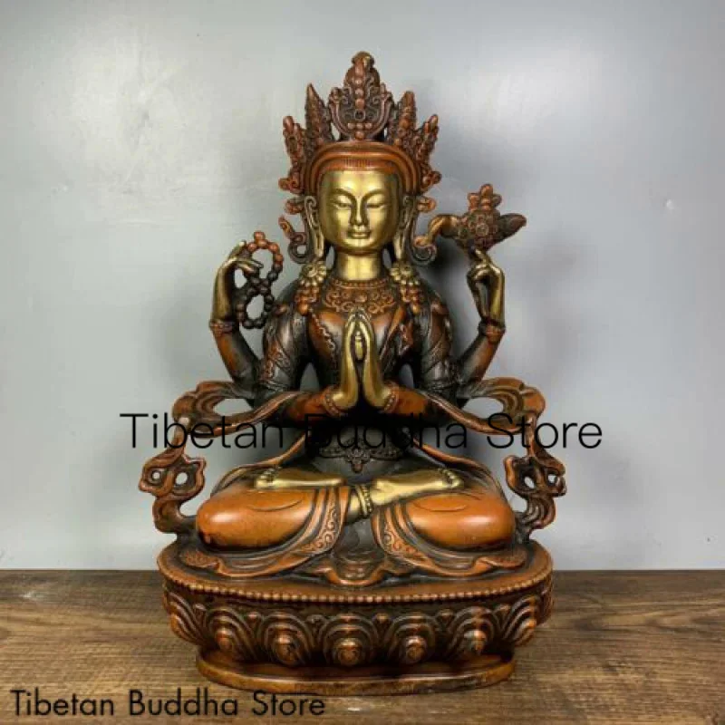 

8.7" Chinese Old Tibetan Buddhism bronze 24kgilt Four arm Guanyin Buddha statue