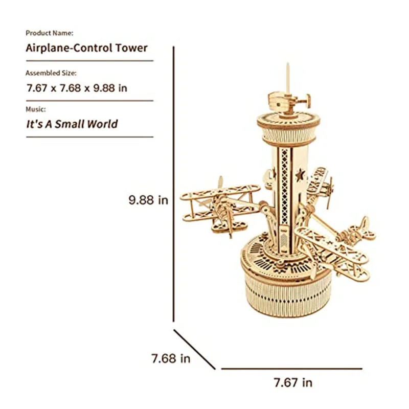 Robotime Roker 3D Wooden Puzzles for Adults DIY Musical Box Model Kit to Build Self-Assembly Building Kit Airplane-Control Tower — view 6