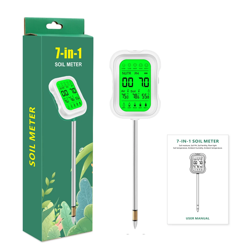 Soil Meter Digital pH Moisture Fertility Light Temp Humidity Analyzer for Garden