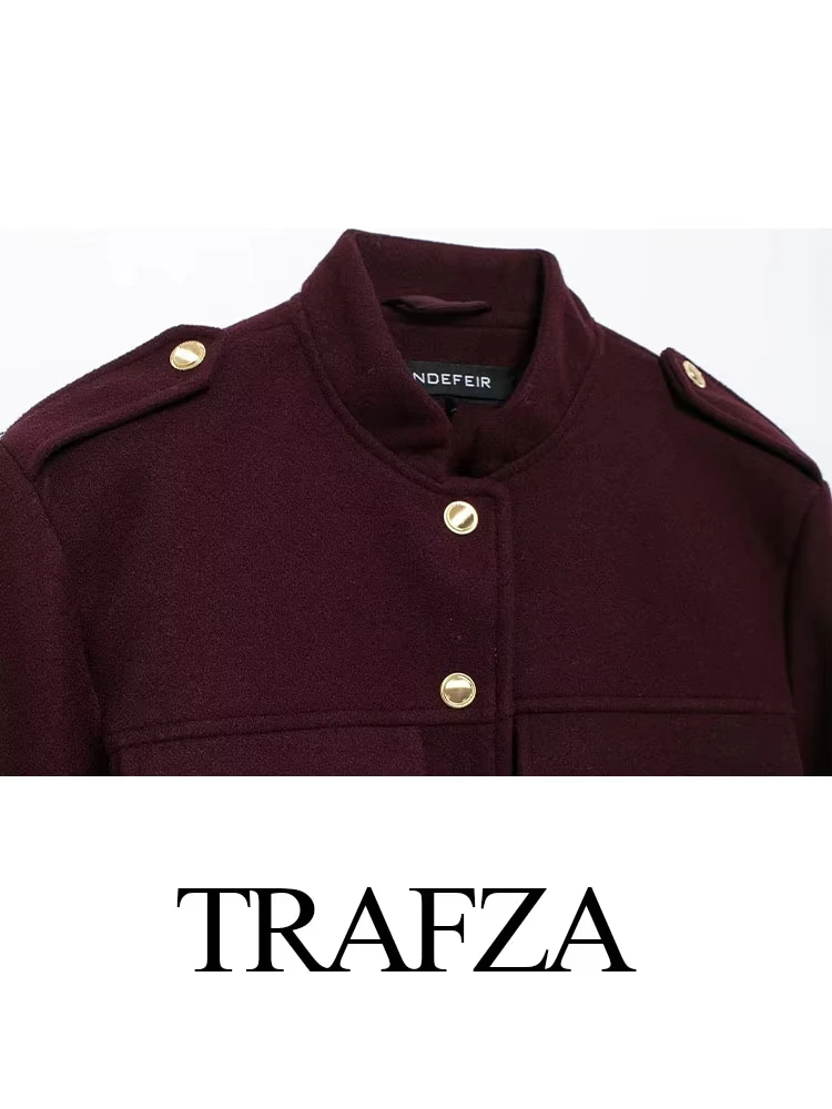 TRAFZA Female Street Fashion Jackets For 2024 Autumn Fashion Long Sleeves Lapel Single Breasted Solid With Pockets Causal Coats