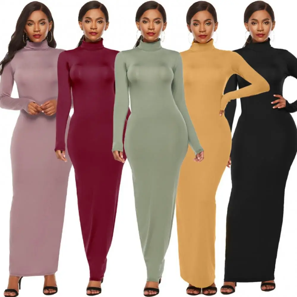 

Party Solid Color Women Long Sleeve Turtleneck Skinny Bodycon Maxi Dress Autumn Winter Slim Sexy Stretchy Long Dress Party Club