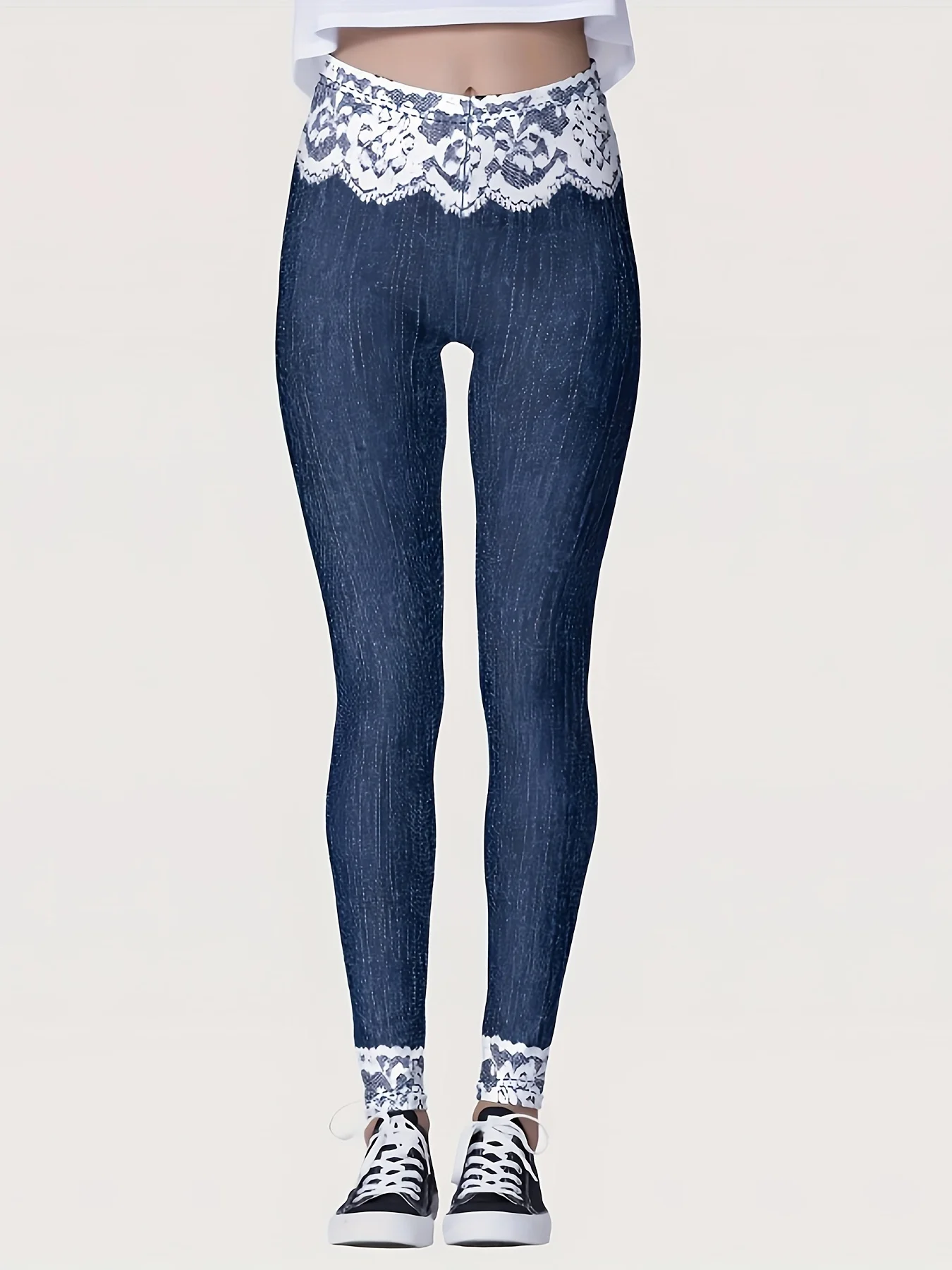 Women's Elegant and Fashionable Floral Print Faux Denim Leggings, Stylish Basic Layer Pants 4