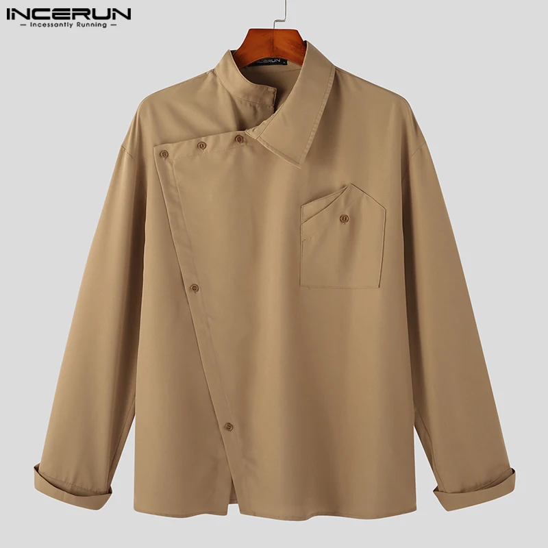 Long Sleeve Shirt Men Casual Shirt Men's Irregular Shirt Solid Color Stand Collar Loose Long Sleeve Casual Men Clothing Streetwear Fashion Male Shirts