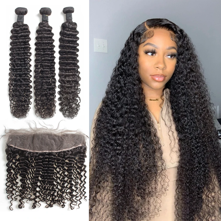

Deep Wave Bundles With Frontal Brazilian Human Hair Natural Long Remy Water Wave Extension Weave for Black Women 3 Bundles