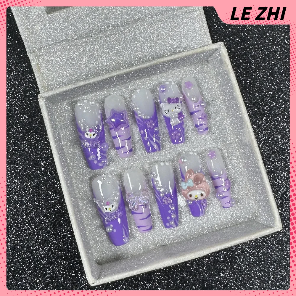 

Purple French Wearable Press on Nails Hello Kitty Mymelody Kuromi Zebra-stripe Design Artifical Full Cover Nails Bridal Gift