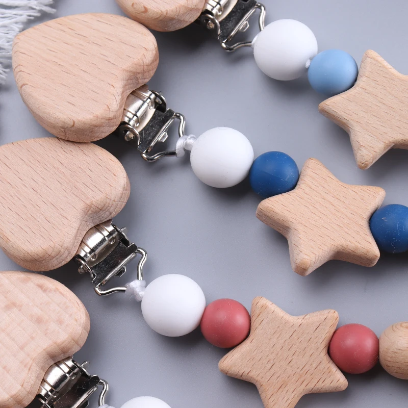 Baby Wood Crochet Round Bead Pacifier Chain Wooden Heart Dummy Holder Clip For Baby Teether Teething Chain Nursing Chew Toy Gift pacifier clip pacifier chain pacifier accessories