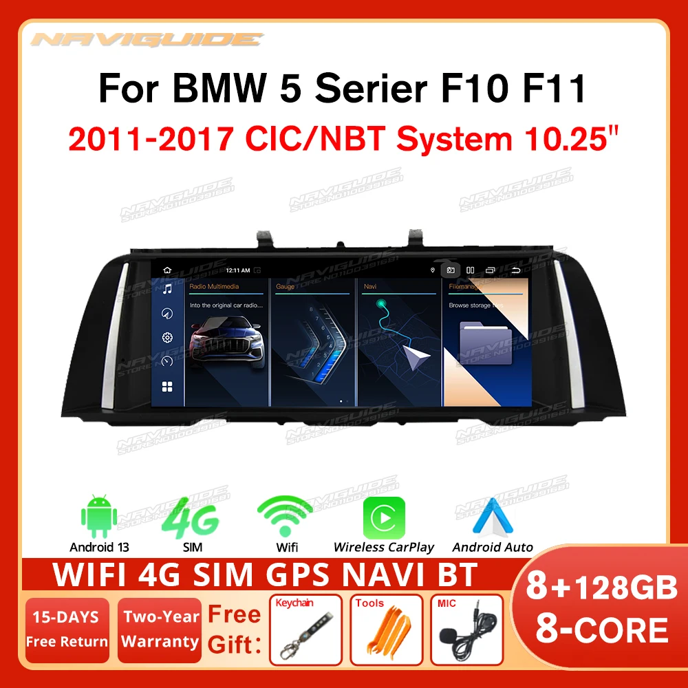 

NAVIGUIDE 10.25 Inch 1920*720P Car Radio For BMW 5 Series F10 F11 2011-2017 CIC NBT System Android 11 Multimedia Player GPS BT