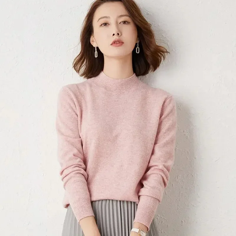 

2023 New Solid Mock Neck 100%Wool Cashmere Sweater Female Autumn Winter Loose Sweater Knitted Wool Bottoming Shirt Casual 3987